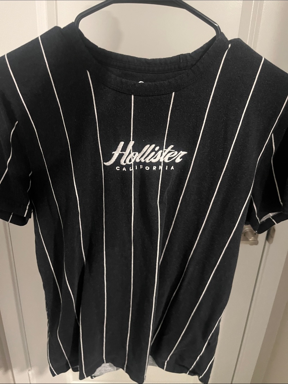 Hollister Black Tee with White Pinstripes and Logo